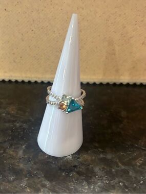 Sterling Silver Teal Triangle Stone Ring with Clear Accents